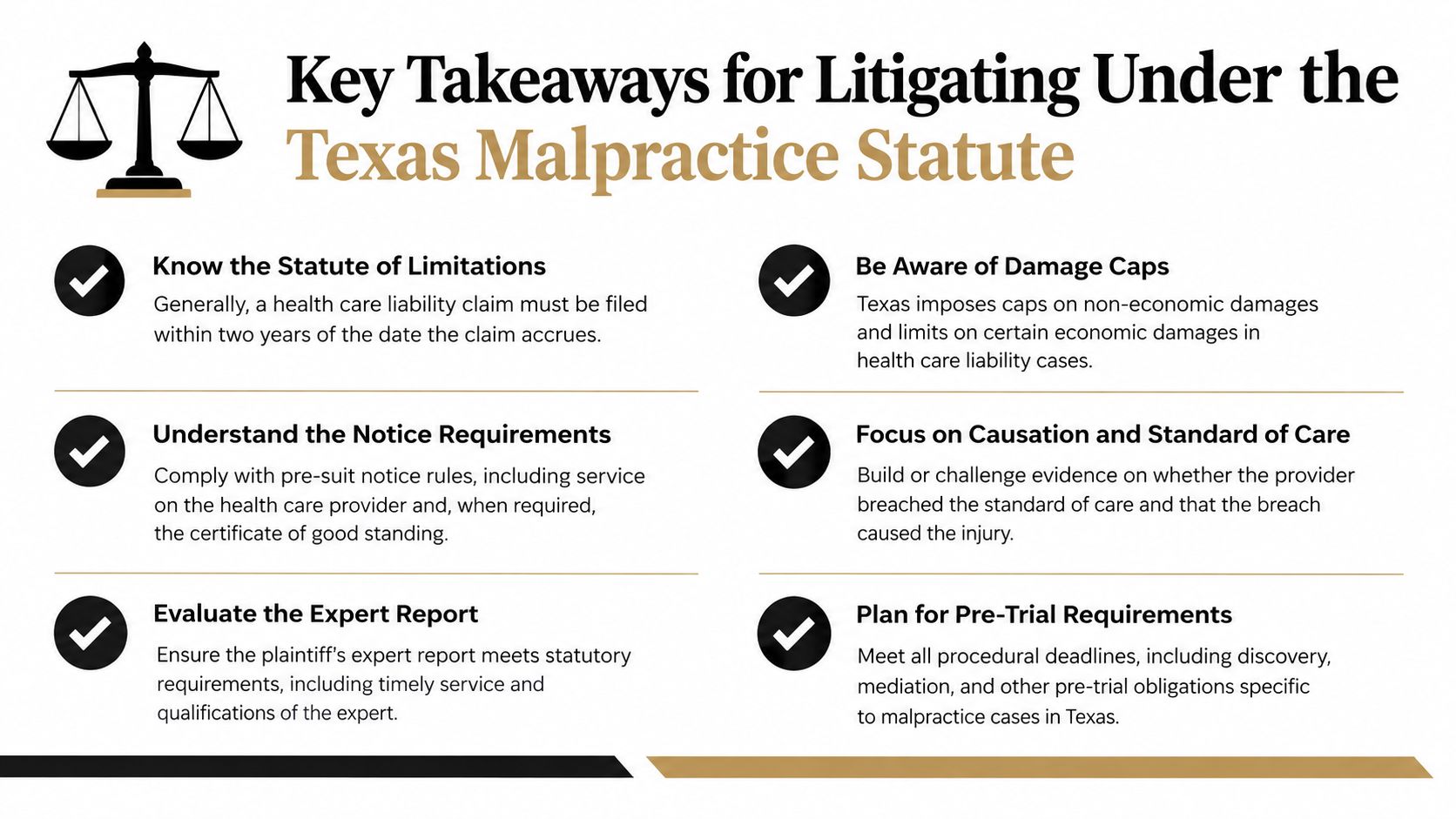 A graphic outlining six key takeaways for litigating medical malpractice lawsuits under Texas state law regulations.