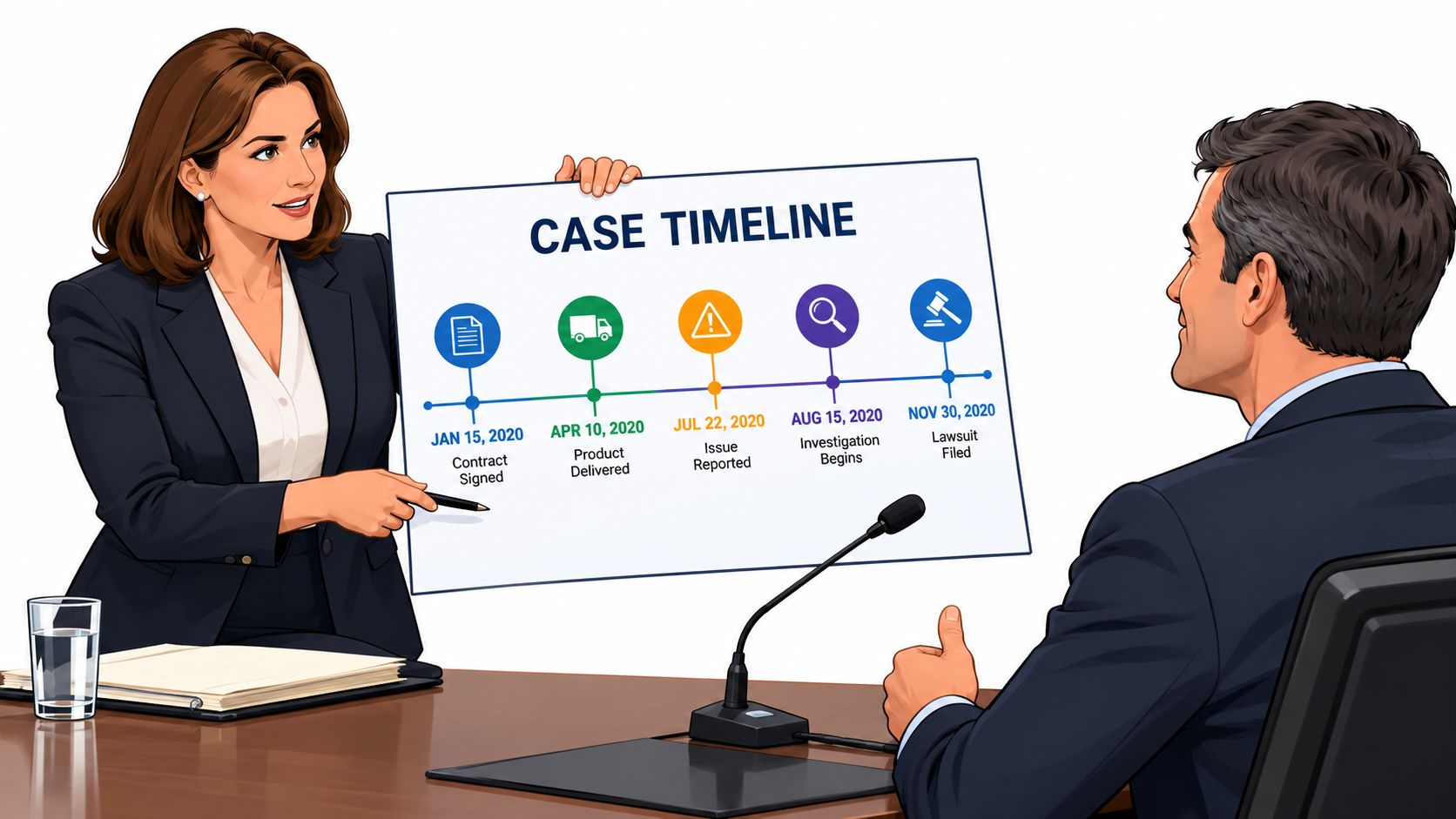 A professional woman presenting a case timeline to a man in a business meeting setting.