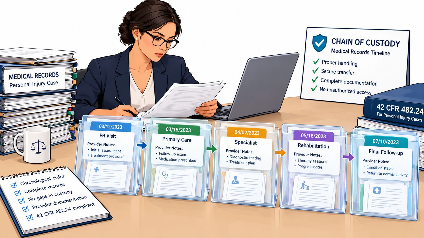 A professional analyzing medical records for a personal injury case, organized chronologically by visit dates and provider notes.