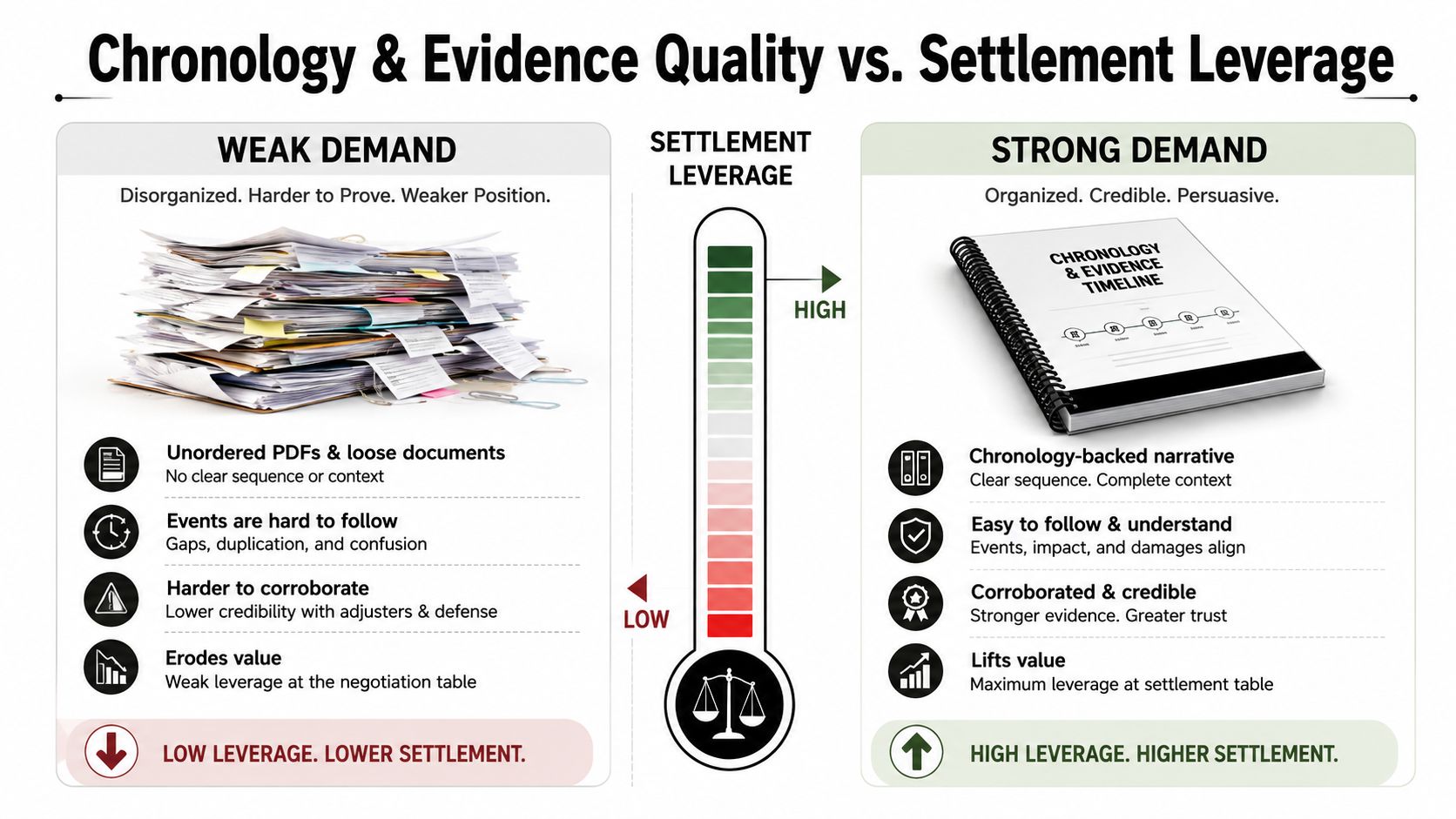 A comparison infographic showing how organized evidence increases settlement leverage compared to disorganized, loose documents.