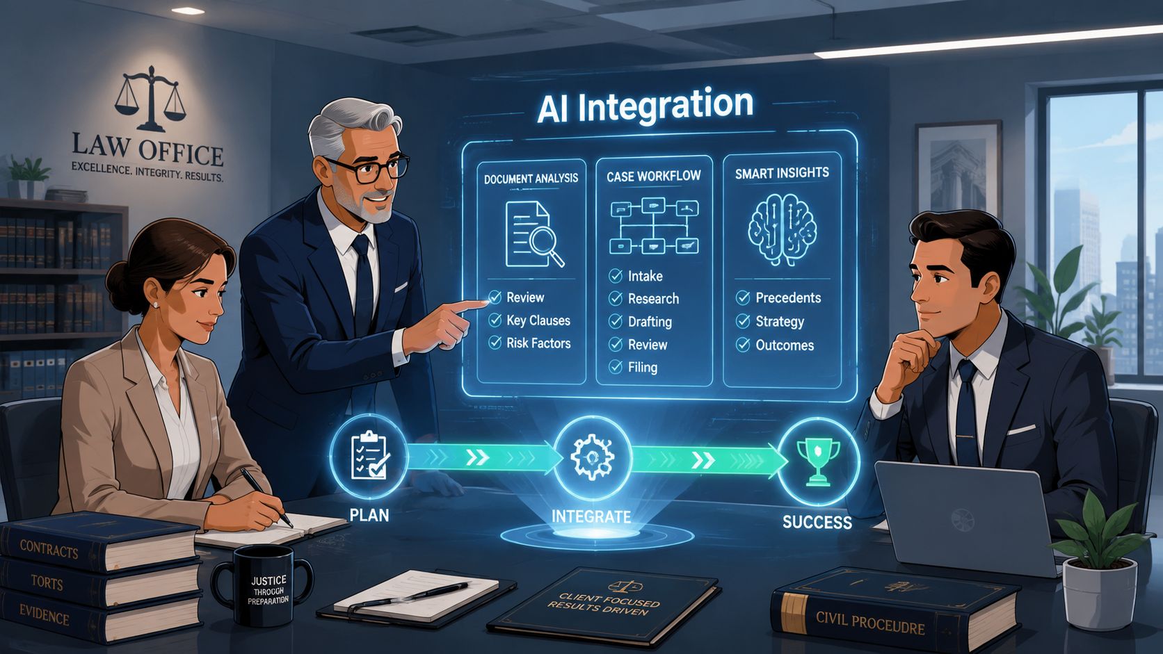 A professional law office team using advanced AI software integration to analyze legal documents and case workflows.
