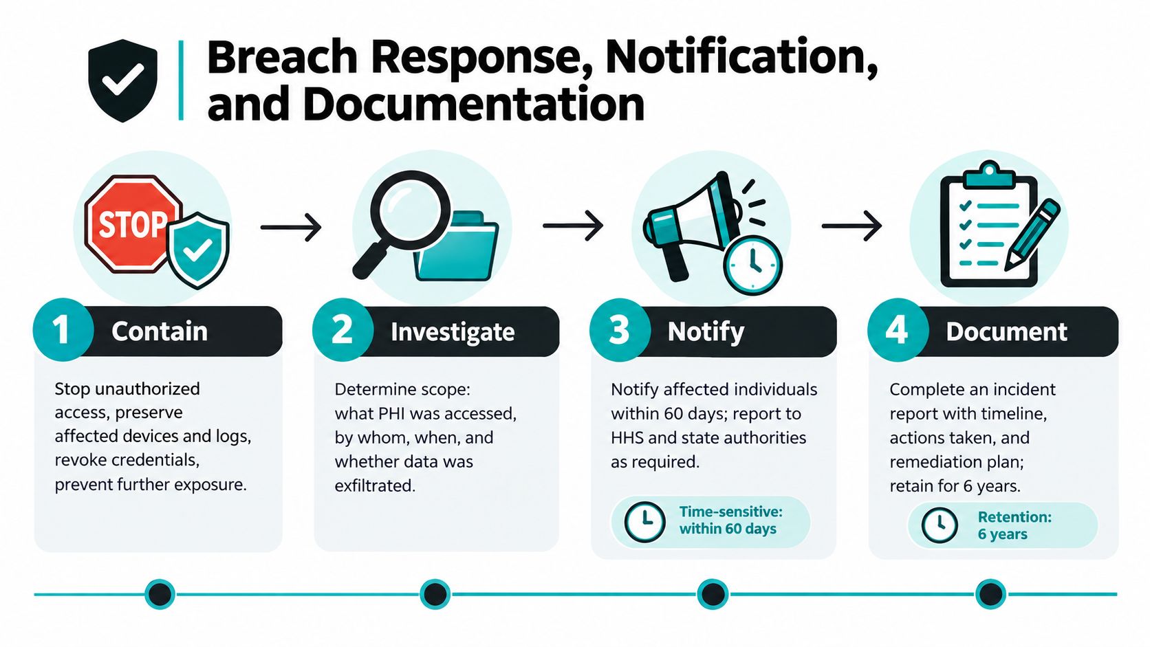 A four-step infographic illustrating the HIPAA breach response, notification, and documentation process for healthcare organizations.