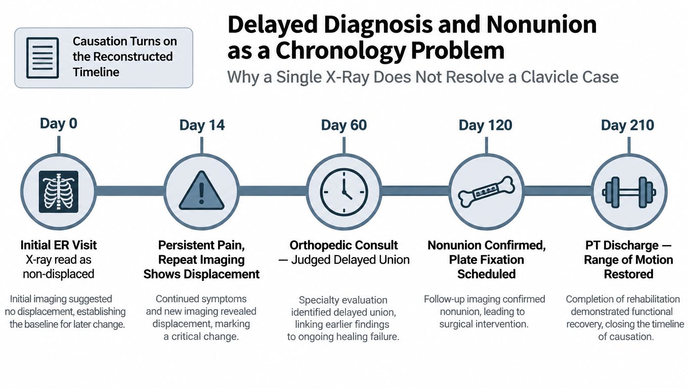 A timeline chart illustrating the progression of a clavicle fracture diagnosis from initial visit to recovery.
