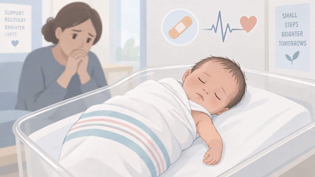 A concerned mother watches over her newborn baby sleeping in a hospital bassinet, symbolizing medical support and care.