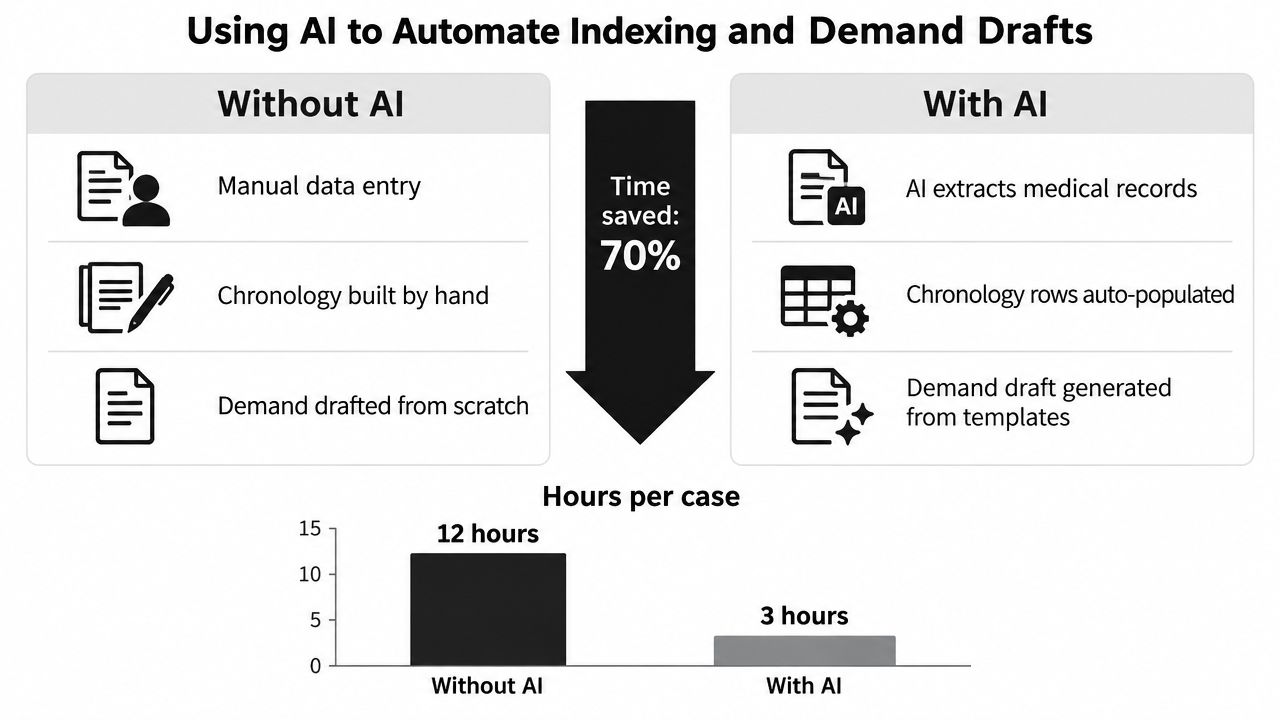 A comparison chart showing how AI reduces case processing time from 12 hours to 3 hours.