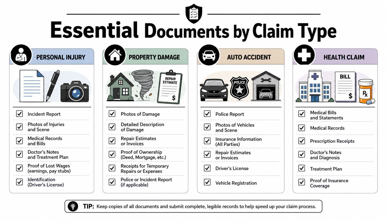 A checklist infographic detailing the essential documents required for personal injury, property damage, auto accident, and health insurance claims.