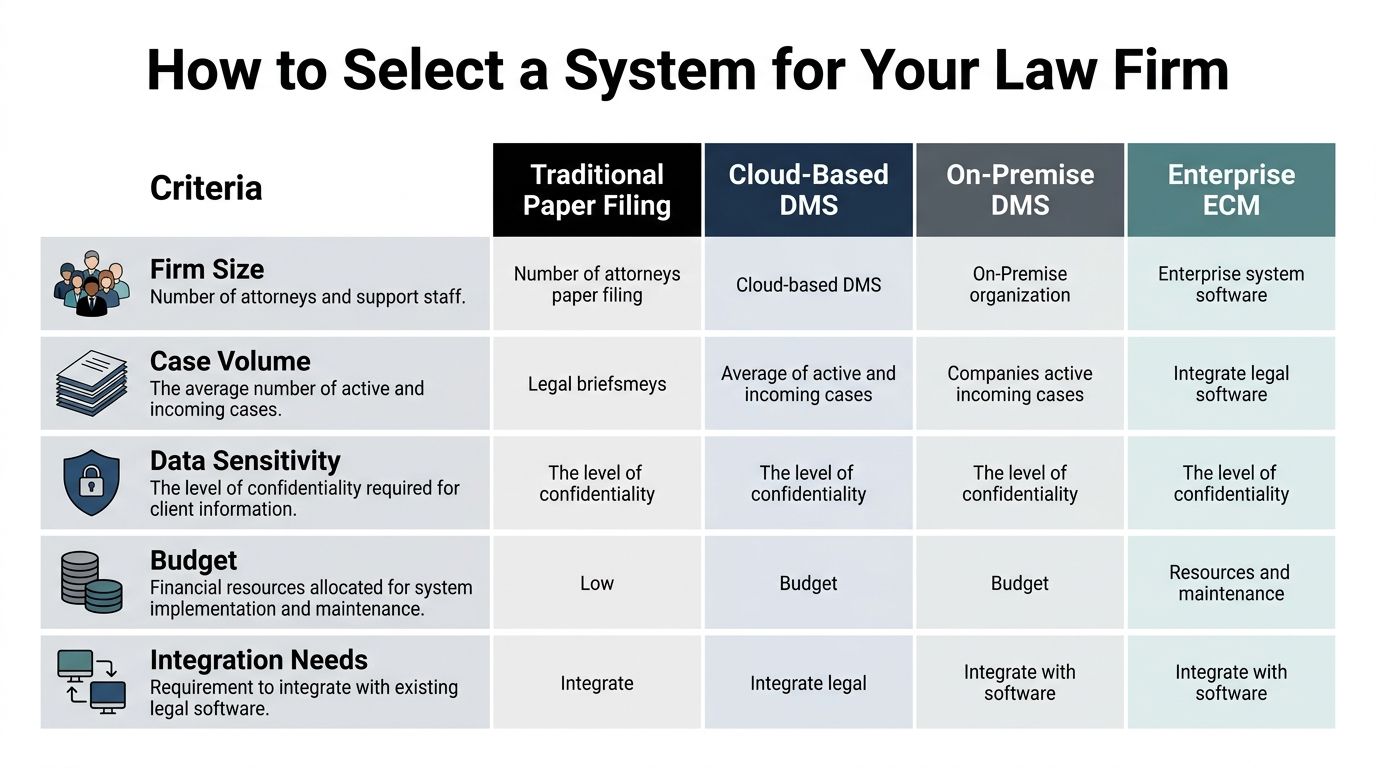 A comparison chart outlining criteria for selecting document management systems for law firms, including filing methods and software.
