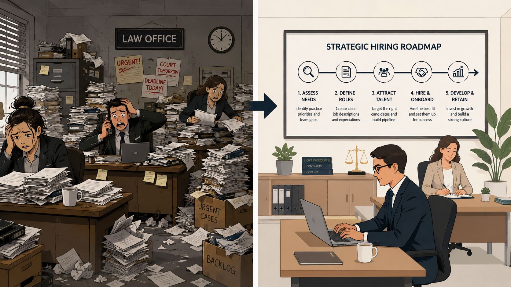 A comparison illustration showing a chaotic, overwhelmed law firm office versus an organized, strategic hiring office environment.