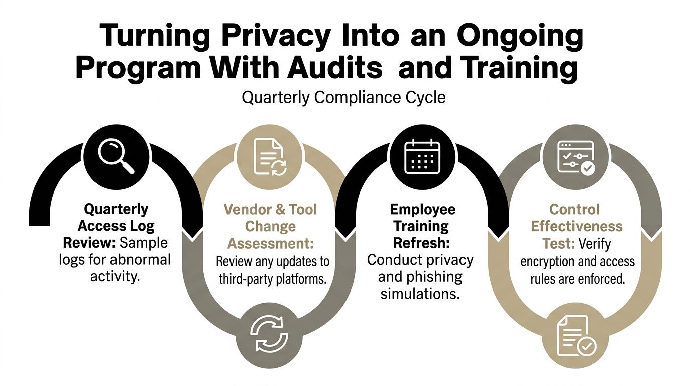 An infographic showing a four-step quarterly compliance cycle for turning data privacy into an ongoing program.
