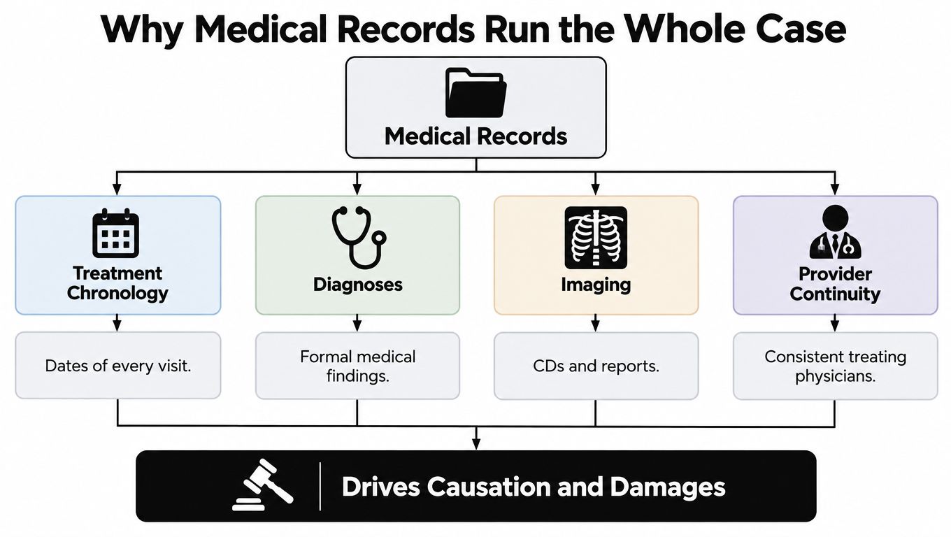 A flowchart showing how medical records impact legal cases by documenting treatment, diagnoses, imaging, and provider continuity.