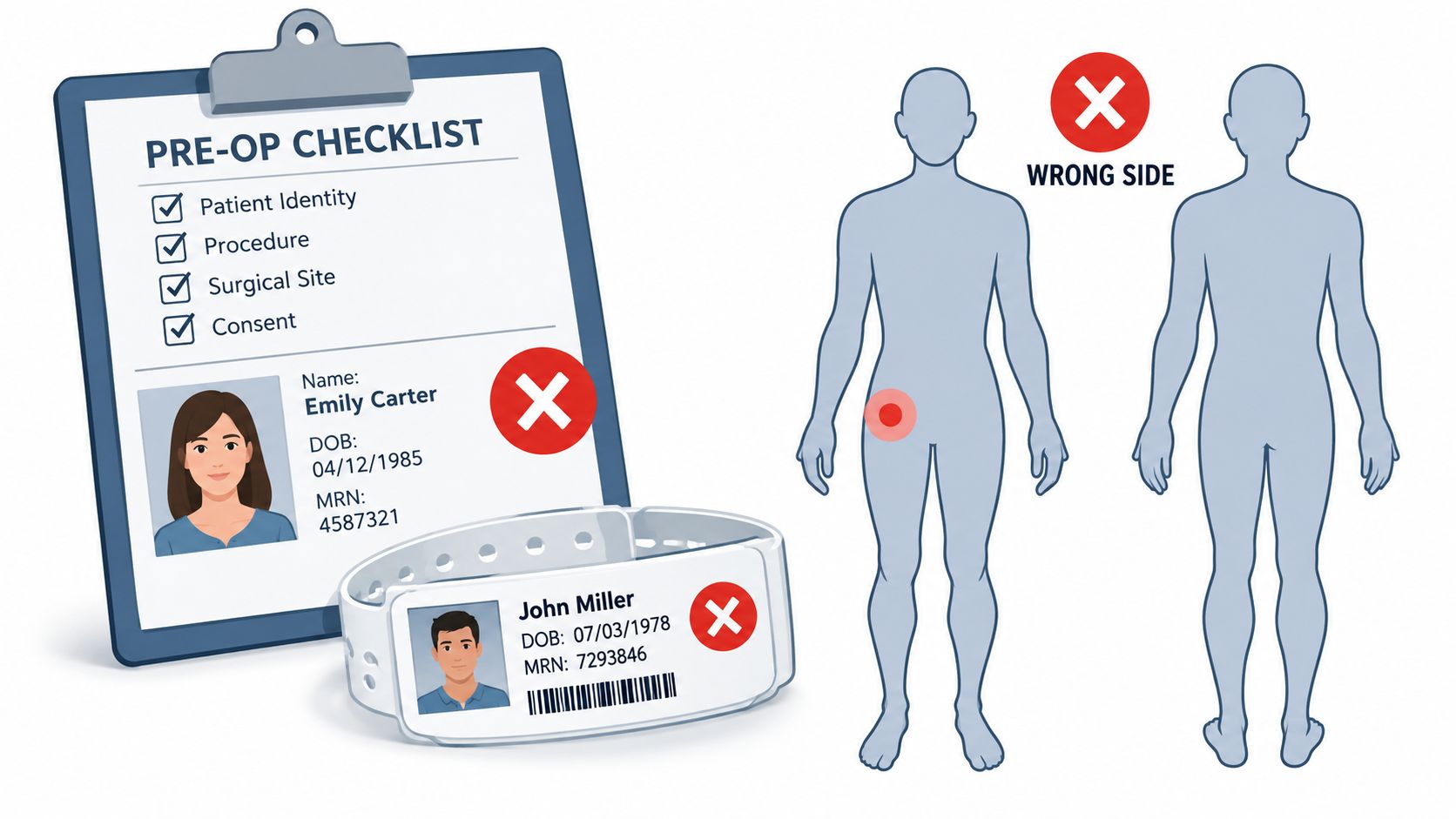 A diagram highlighting medical errors including mismatched patient identity, wrong wristbands, and incorrect surgical site marking.