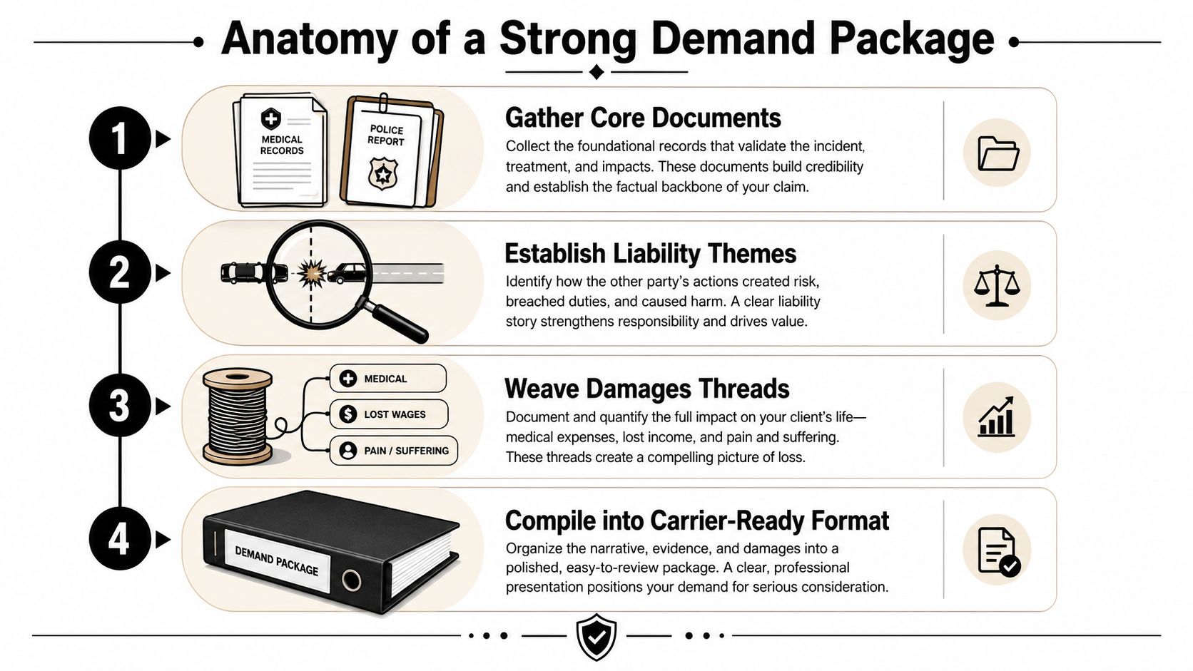 A four-step infographic illustrating the essential components for creating a professional legal demand package for injury claims.