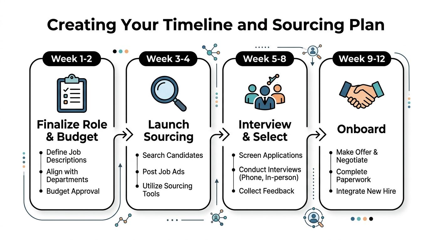 A recruitment process infographic showing a four-stage timeline for hiring, from role finalization to employee onboarding.