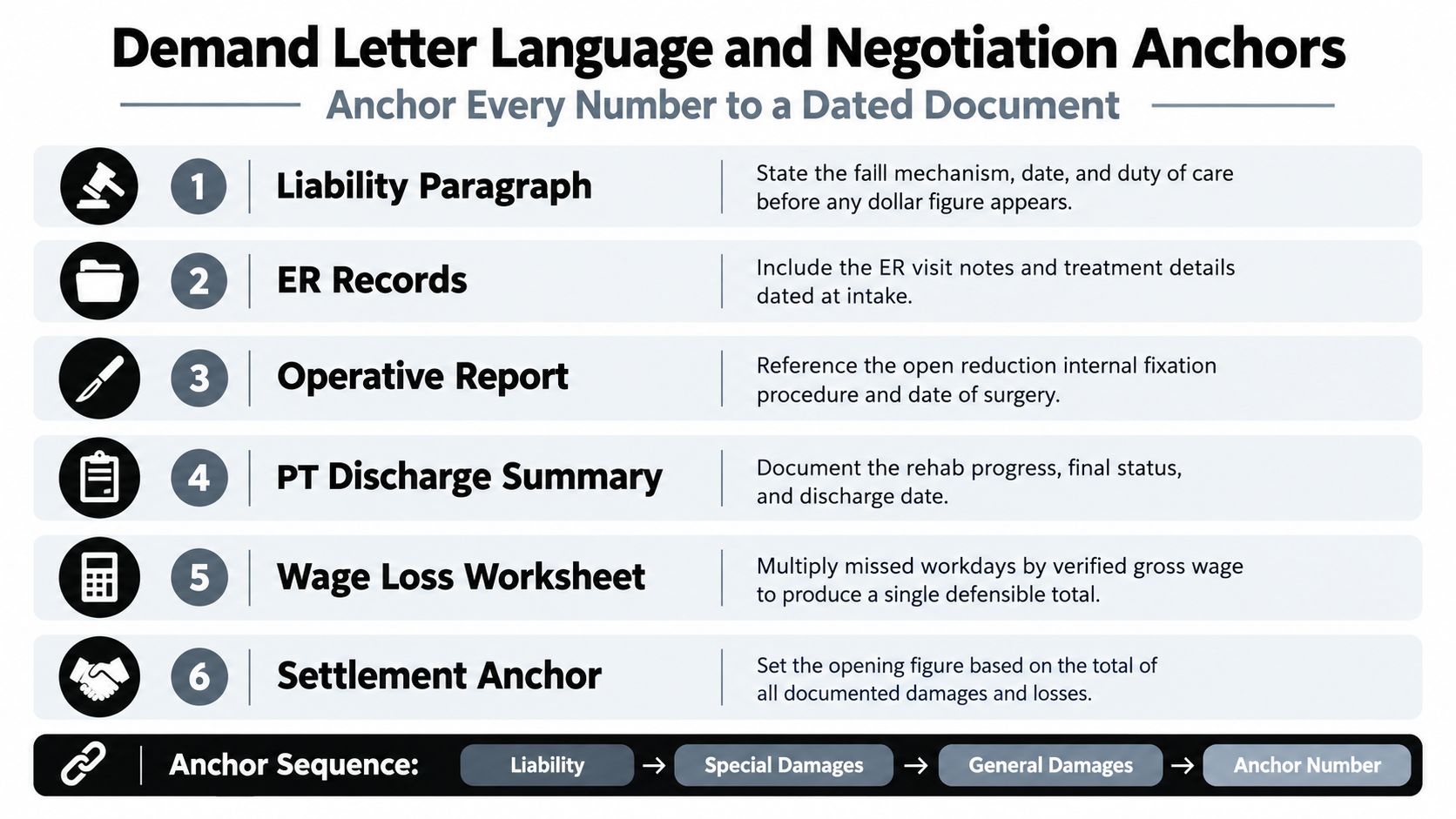 An infographic titled Demand Letter Language and Negotiation Anchors detailing six essential steps for legal documentation.