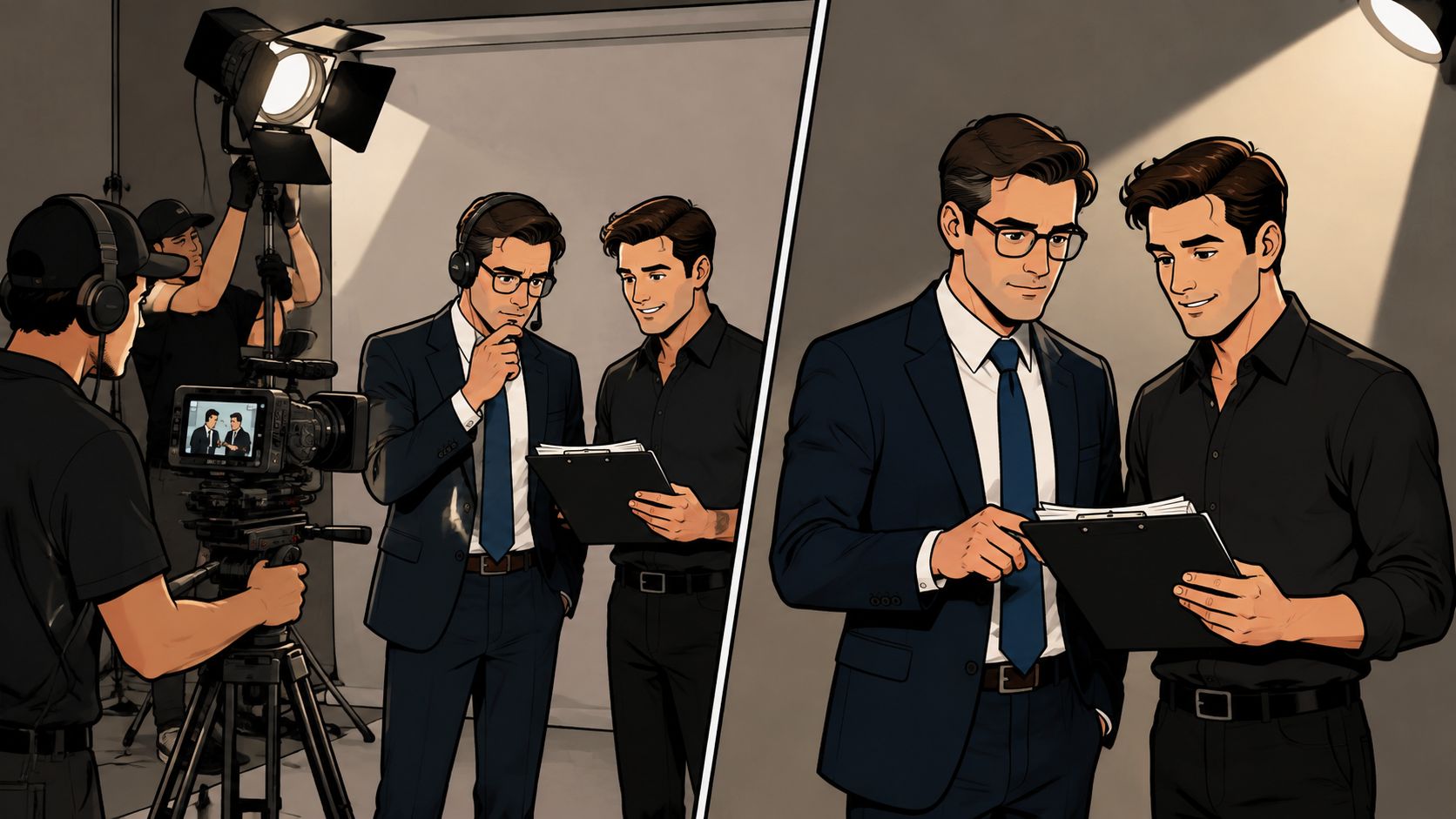 A professional film crew recording a legal consultation scene in a studio setting for a television advertisement.