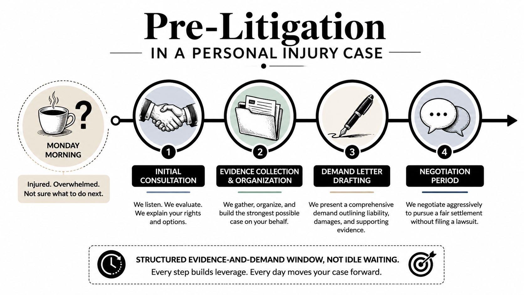 A four-step infographic illustrating the pre-litigation process for personal injury cases including consultation, evidence, drafting, and negotiation.