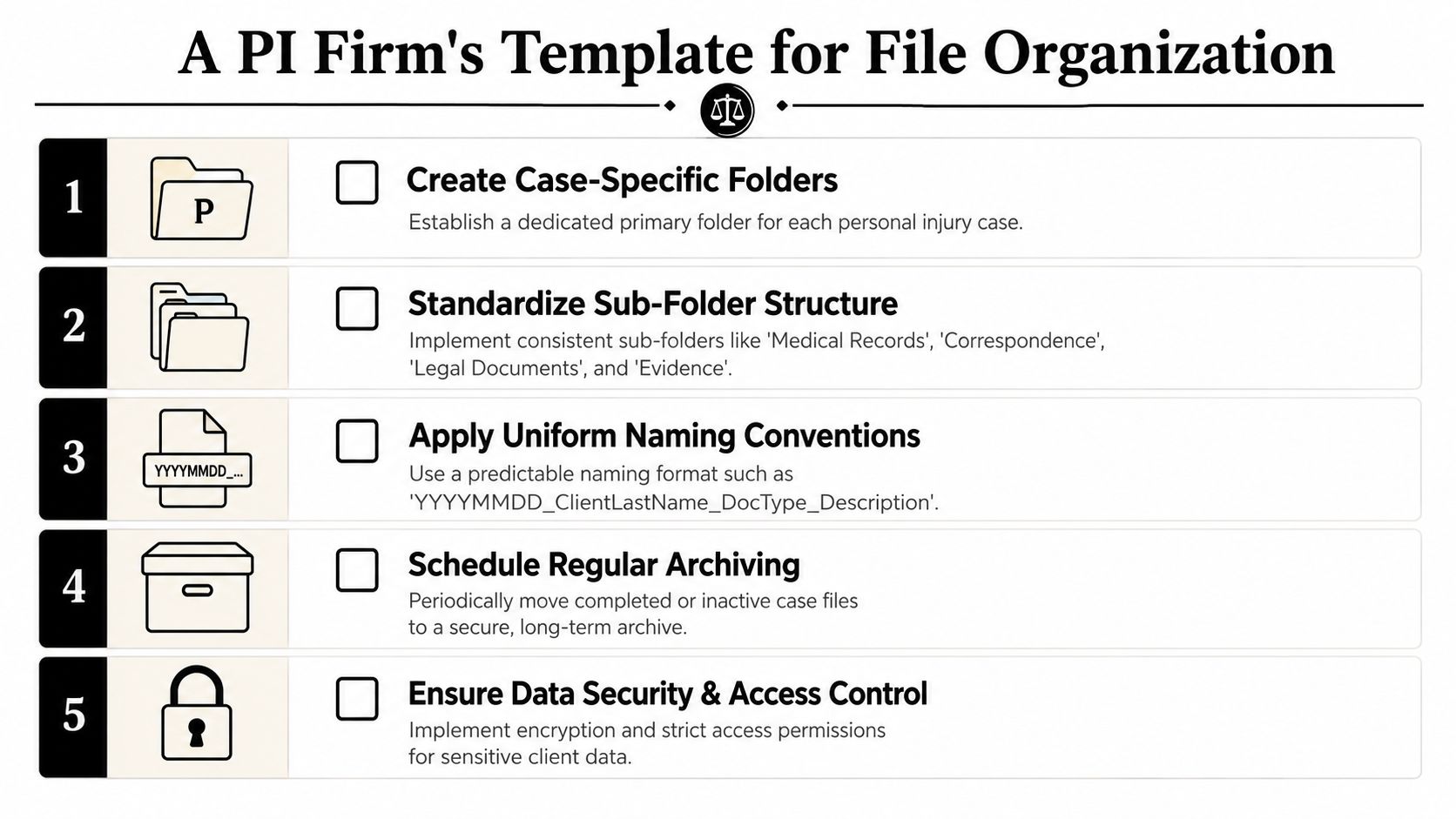 A five-step infographic for a personal injury firm describing best practices for organized file management systems.