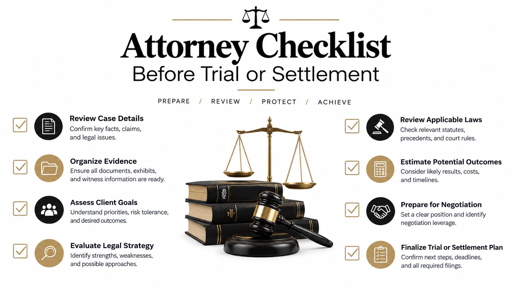 A professional checklist for attorneys preparing for trial or settlement, outlining key legal preparation steps.