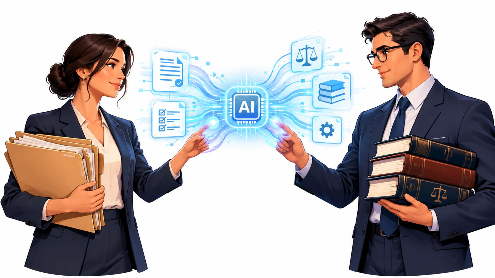 A professional woman and man interacting with a digital AI interface connecting legal documentation and books.