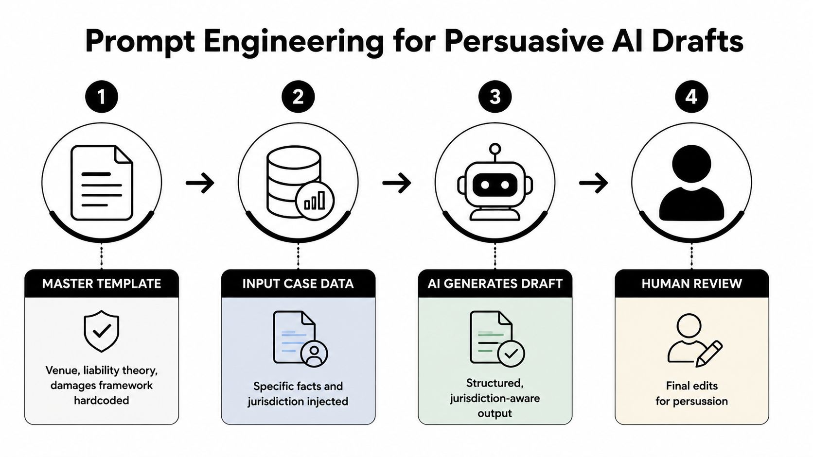 A four-step diagram illustrating the prompt engineering process for creating persuasive AI legal draft documents.