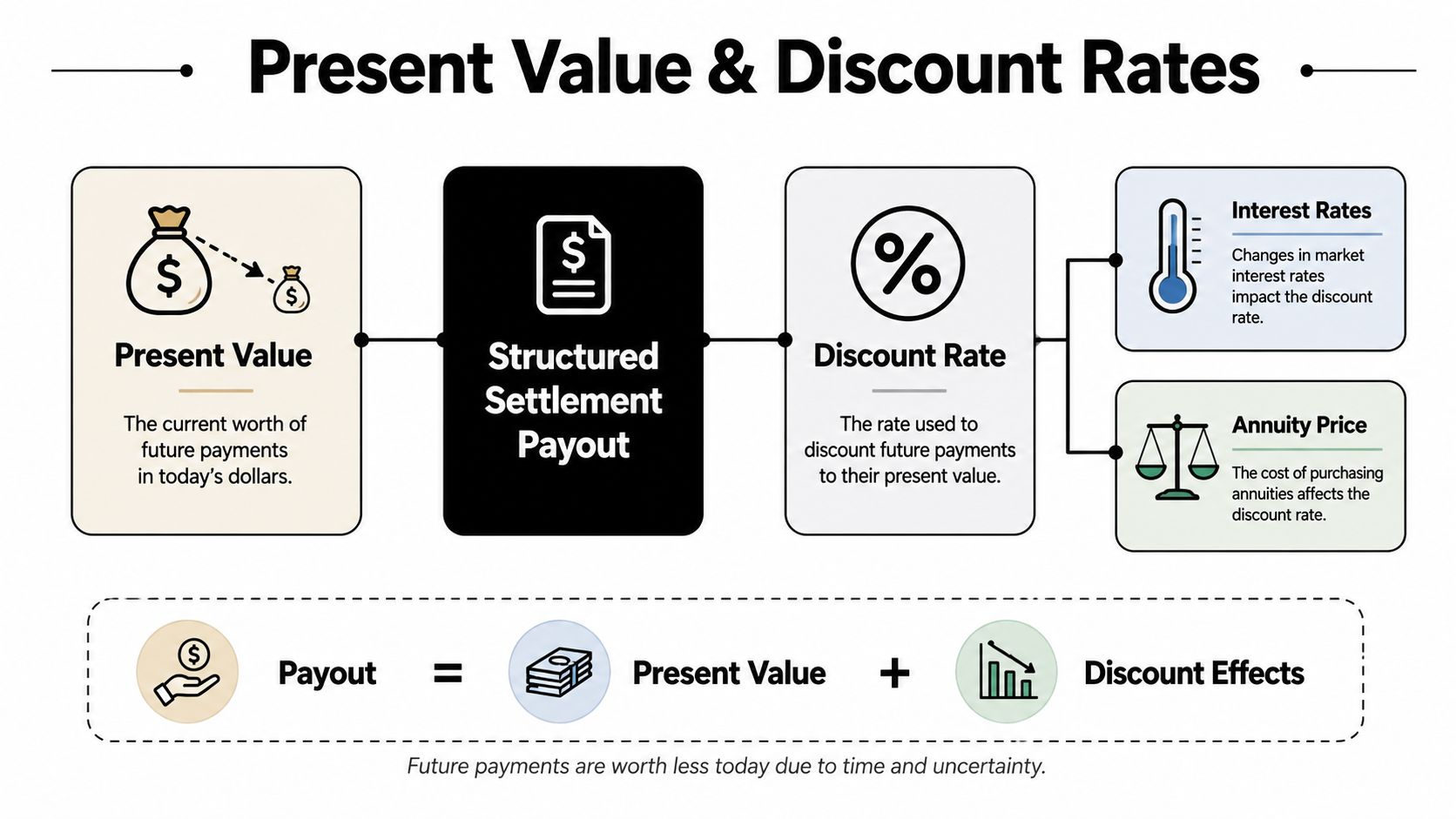 A diagram explaining how present value and discount rates affect structured settlement payouts in financial terms.