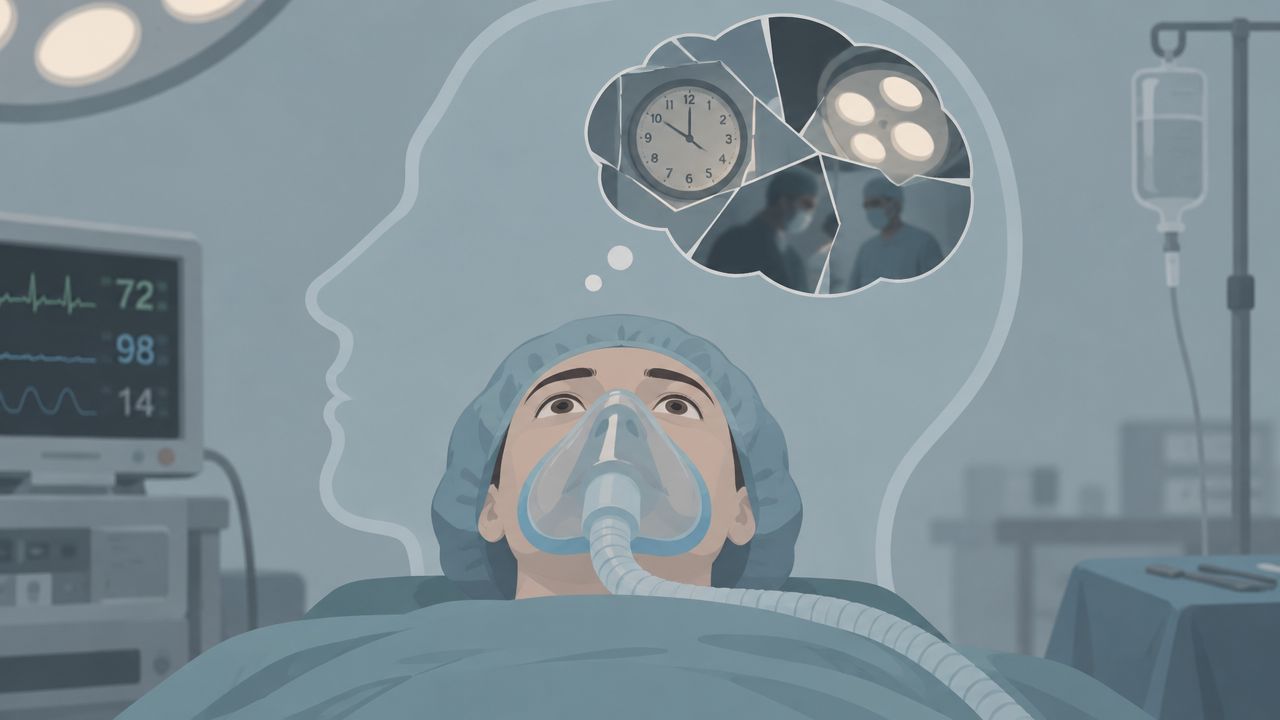 A patient lying on an operating table wearing an anesthesia mask while thinking about surgical procedures.