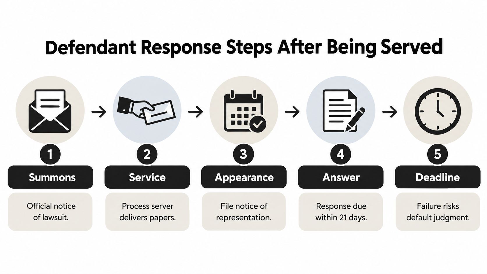 A flowchart showing five sequential steps for a defendant to follow after being served with a lawsuit.