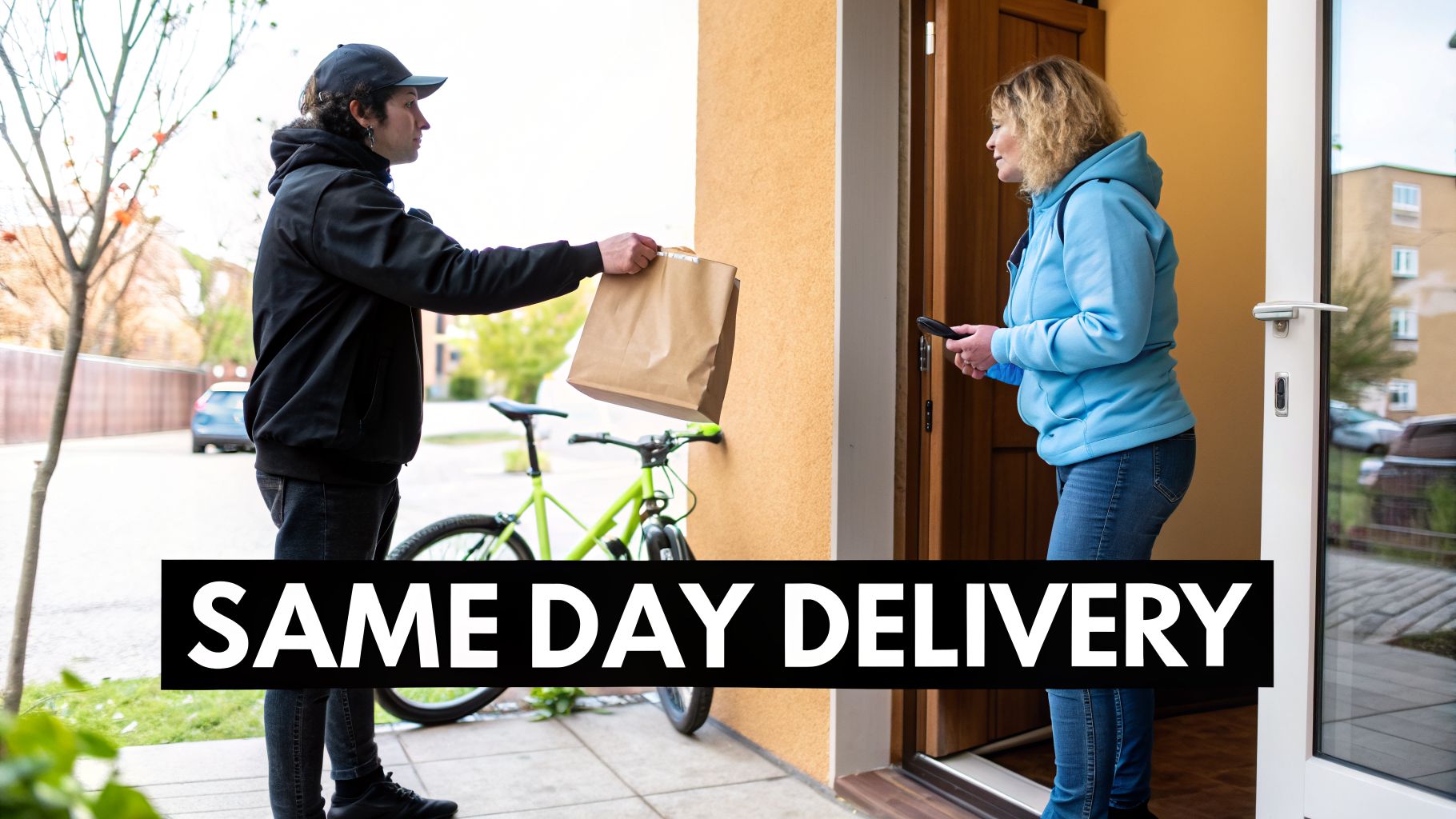 A delivery person on a bicycle hands a brown paper bag to a customer at her doorstep for same-day delivery.