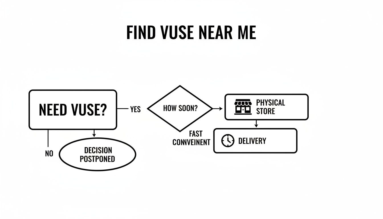 Flowchart titled 'Find Vuse Near Me' illustrating options for obtaining Vuse products via physical store or delivery.