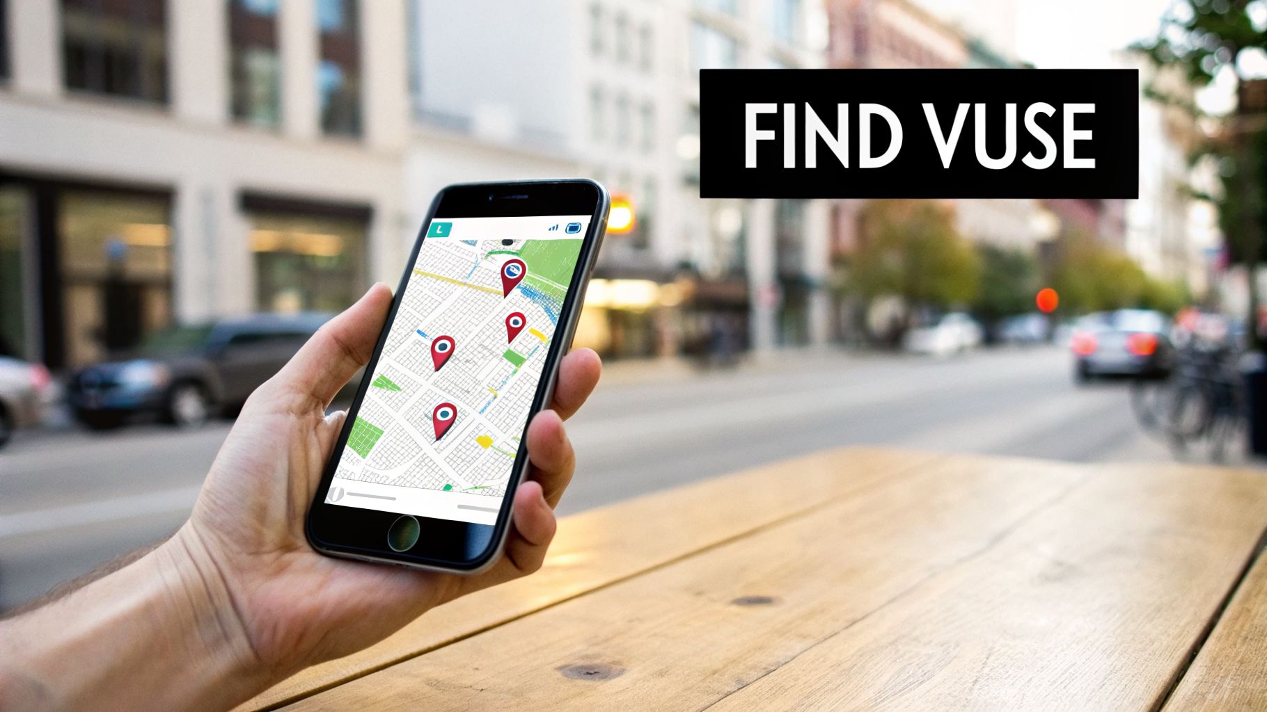 Hand holding a smartphone displaying a map with red location pins, with 'FIND VUSE' text overlay.