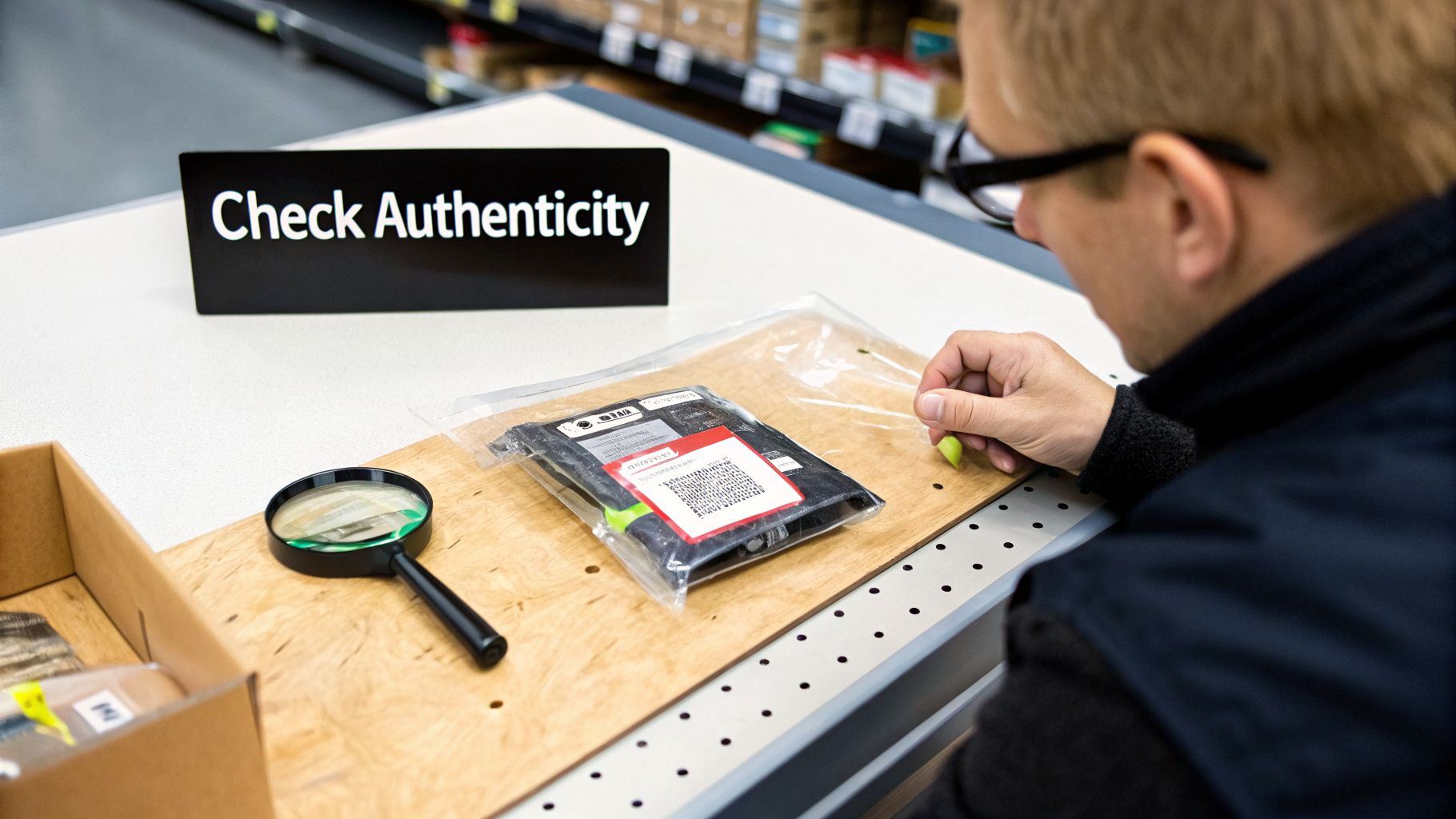Man examining a product for authenticity on a table with a magnifying glass and a 'Check Authenticity' sign.