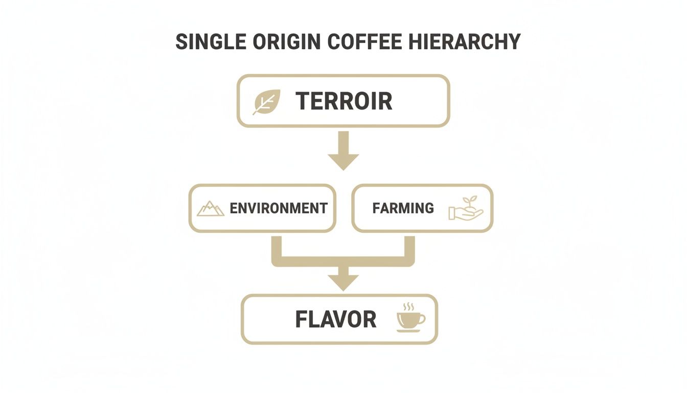 Diagram illustrating the single origin coffee hierarchy: terroir influences environment and farming, which then determine flavor.