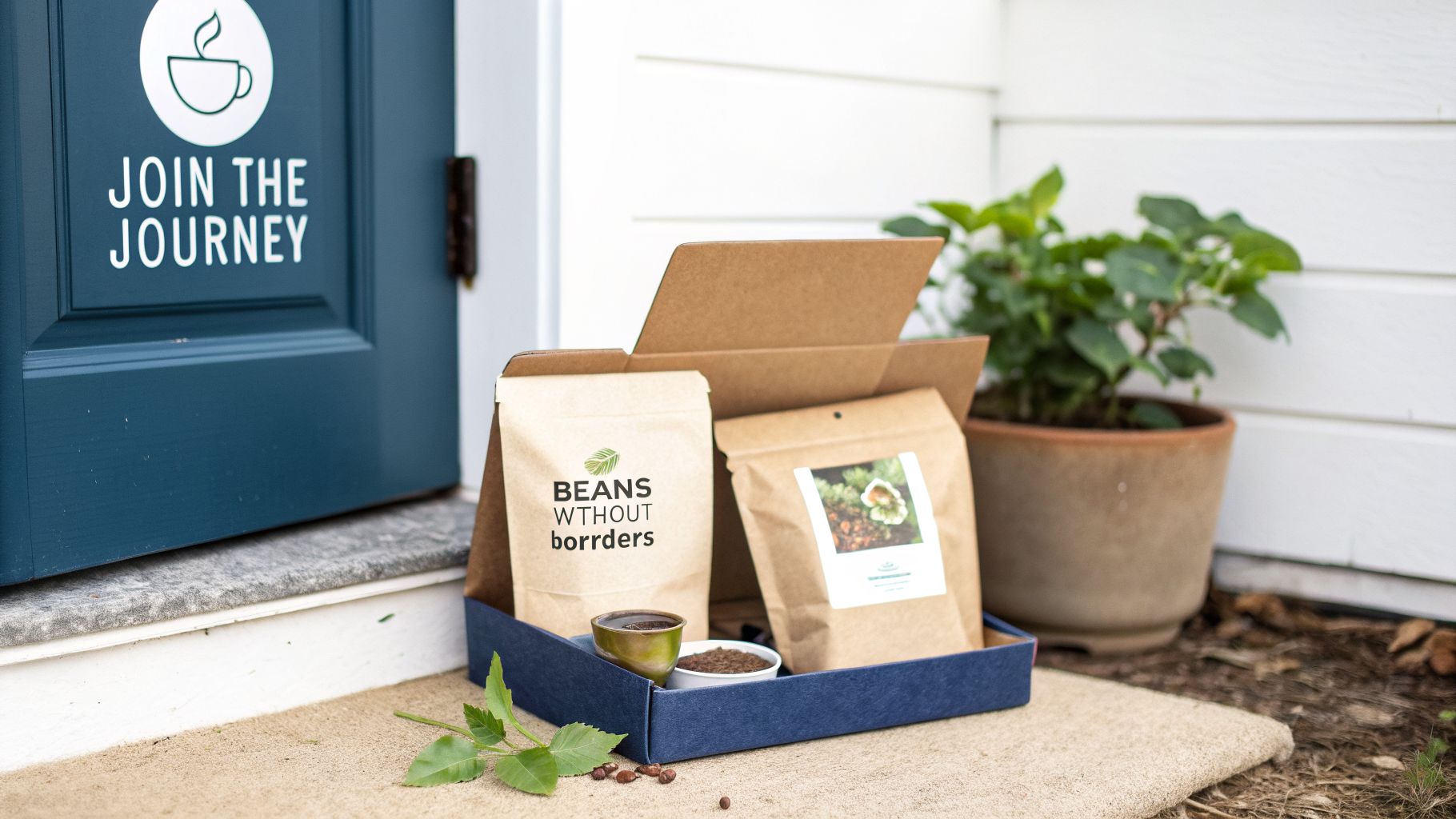 A coffee subscription box containing two bags of beans, ground coffee, and a plant on a doormat.