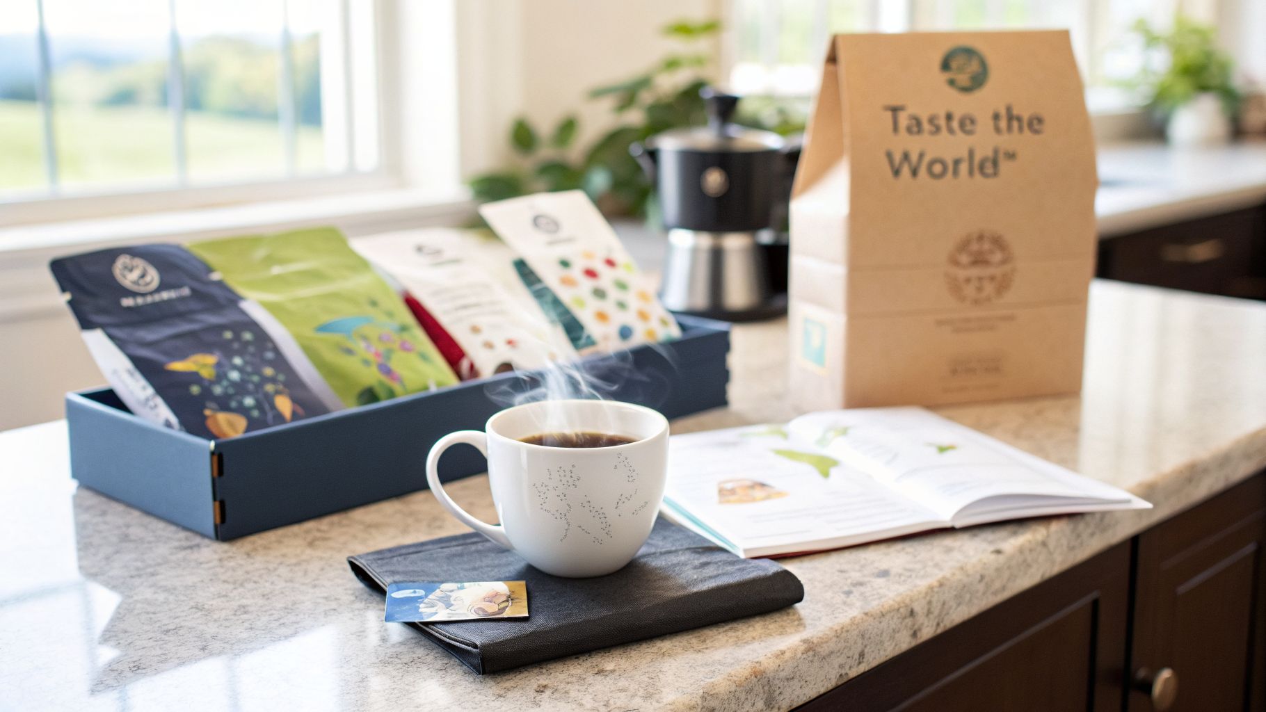 A steaming mug of coffee on a kitchen counter, surrounded by coffee pouches, a box, and a booklet.