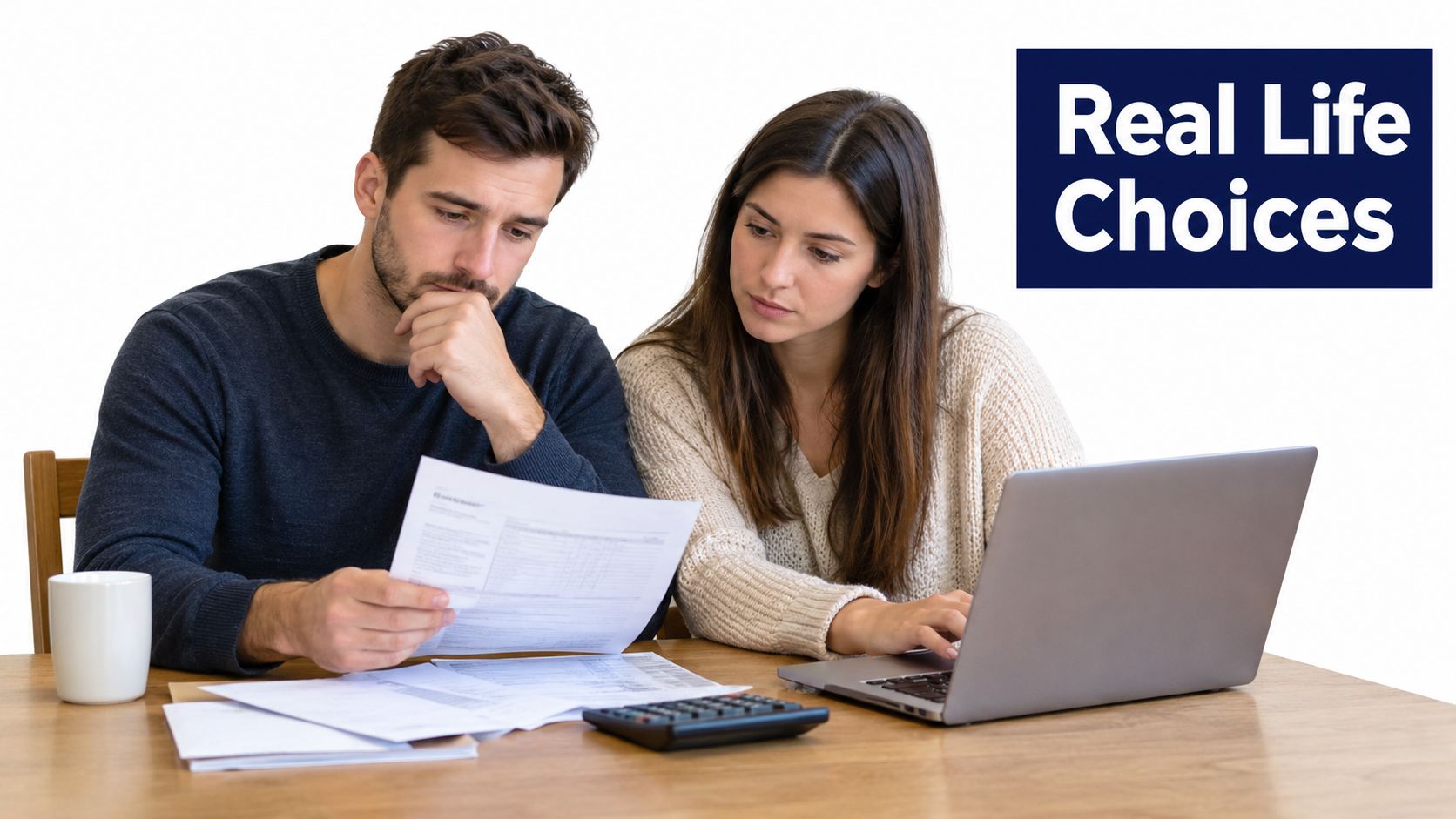 A couple sits at a wooden table reviewing financial documents and using a laptop to manage debt.