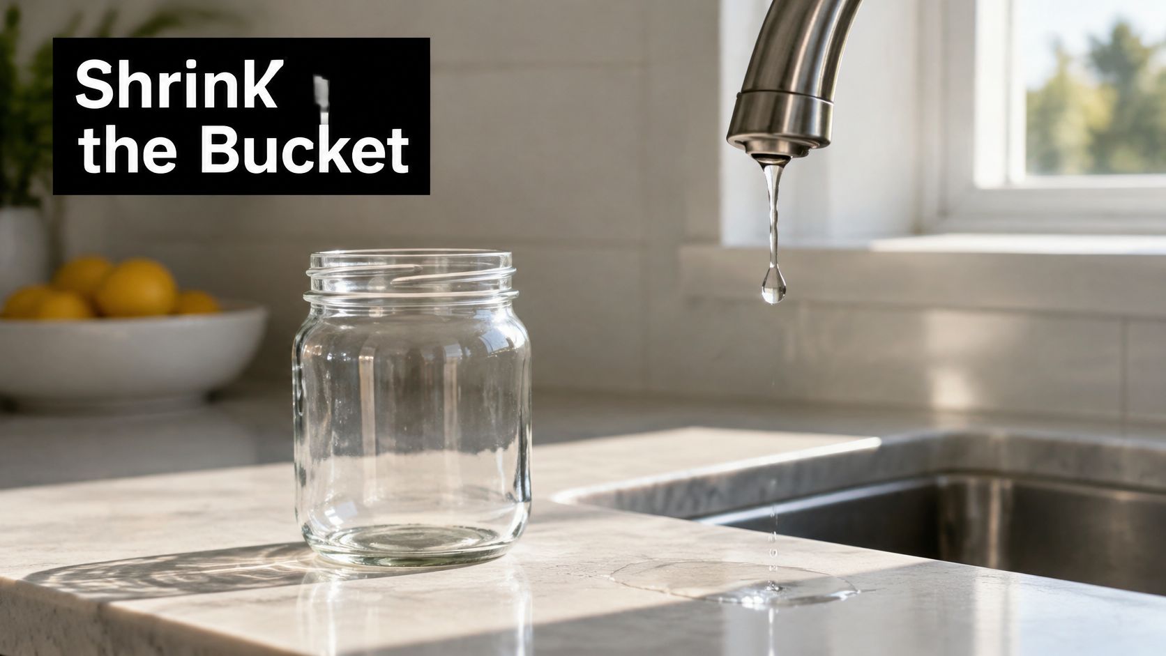 A clear glass jar sitting on a marble kitchen counter next to a dripping kitchen faucet.