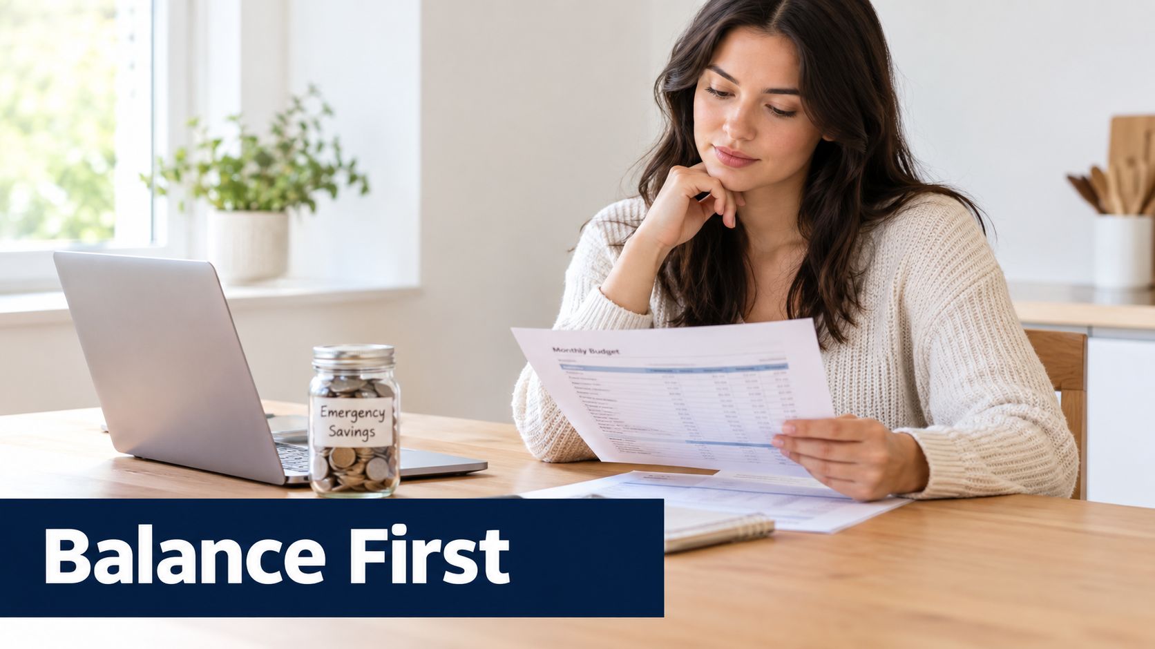 A woman reviewing her monthly budget at a desk with an emergency savings jar and laptop.