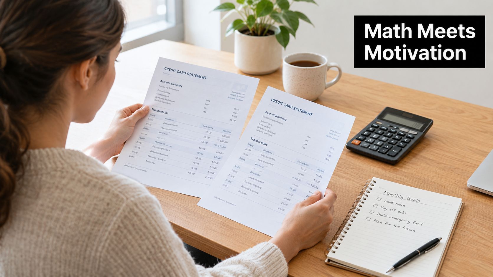 A woman reviewing her credit card statements and planning her finances at a desk with a calculator.