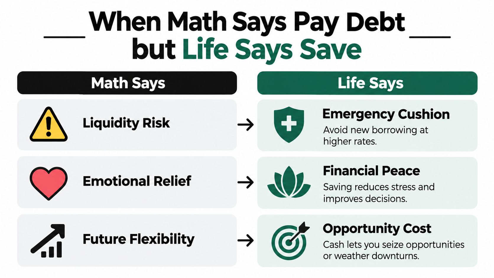A comparison chart showing reasons to prioritize saving money over paying off debt for financial stability.