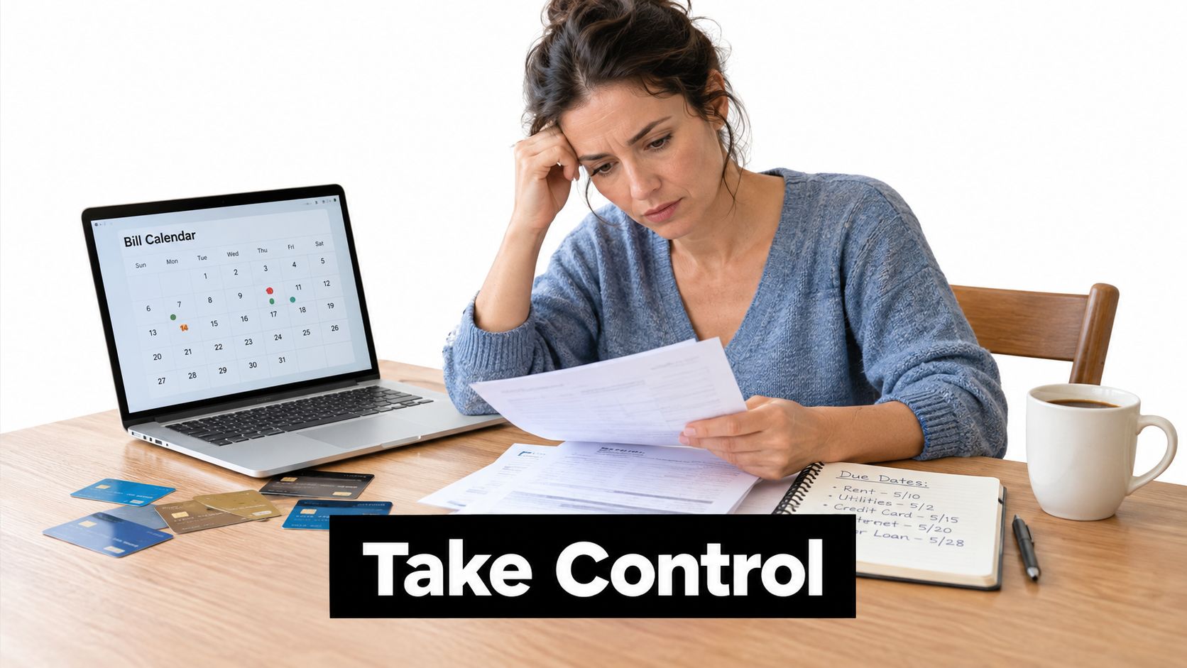A stressed woman sitting at a desk reviewing financial documents, bills, and credit cards for debt management.