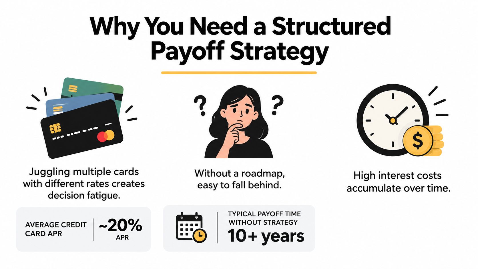 An infographic showing the risks of debt without a structured pay off credit card debt plan.