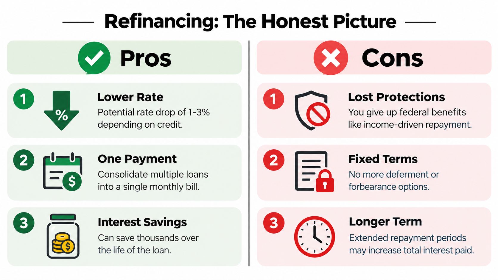 A comparison chart outlining the potential benefits and drawbacks of refinancing student loans in an infographic.