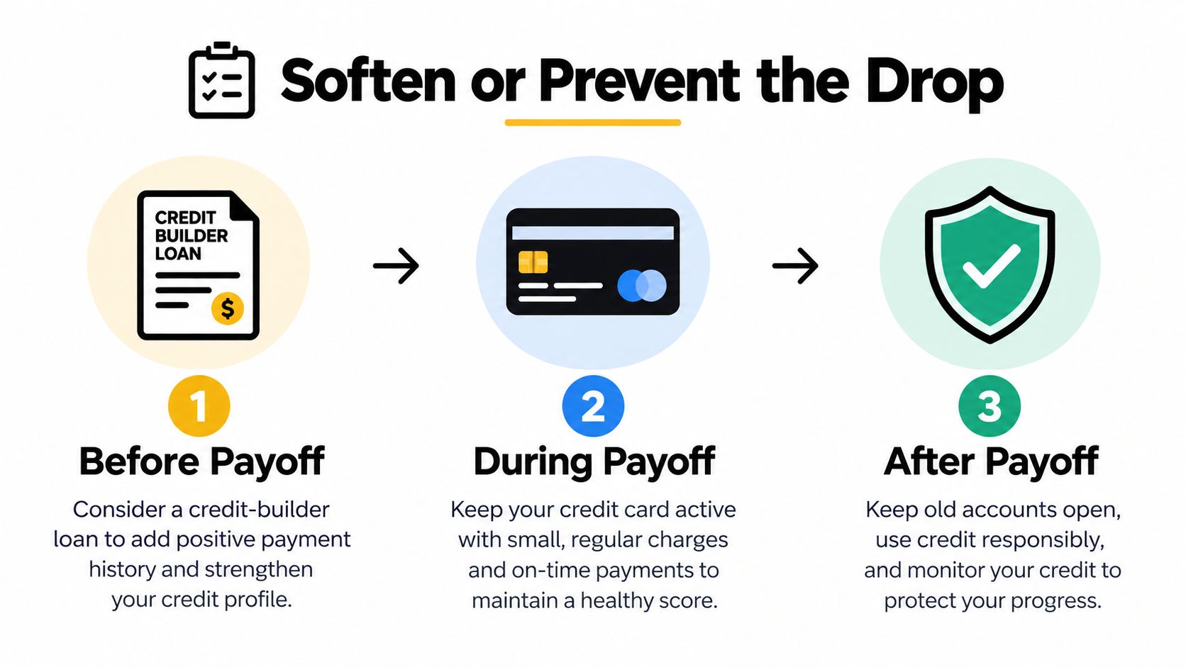 A three-step infographic showing how to maintain credit score health before, during, and after loan payoff.