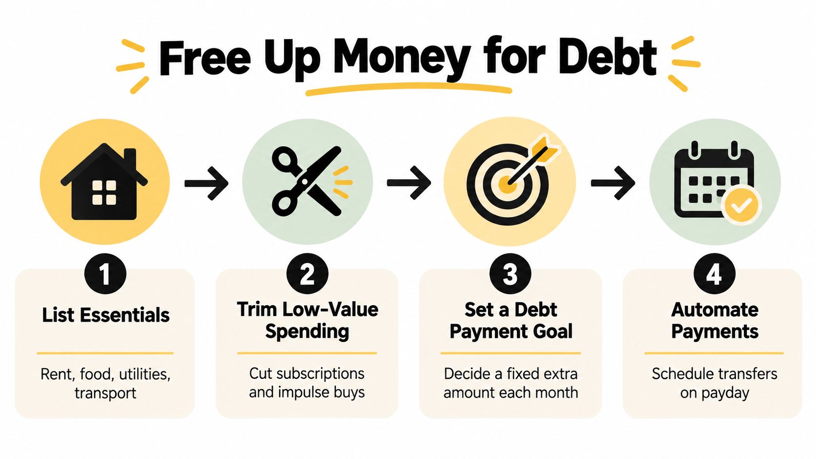 A four-step infographic illustrating how to free up money for debt by listing essentials and automating payments.