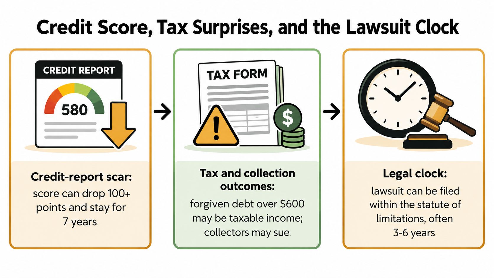 An infographic illustrating the consequences of defaulting on debt, including credit score drops, tax implications, and potential lawsuits.