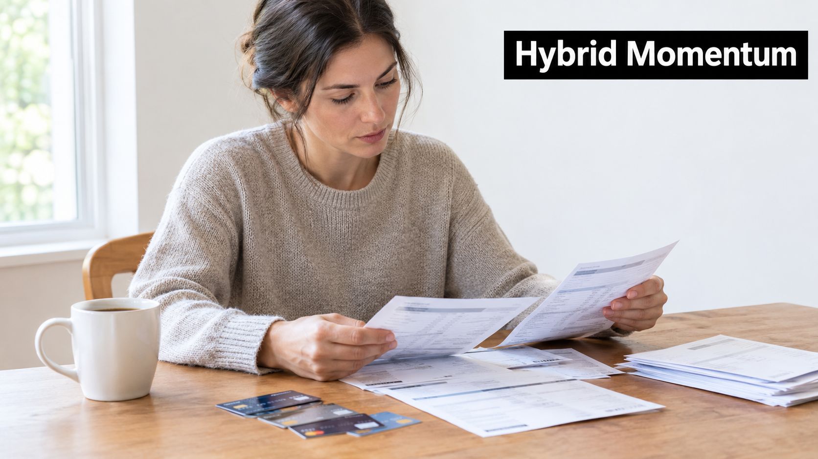 A woman reviewing financial documents and credit cards at a wooden table while holding a coffee mug.
