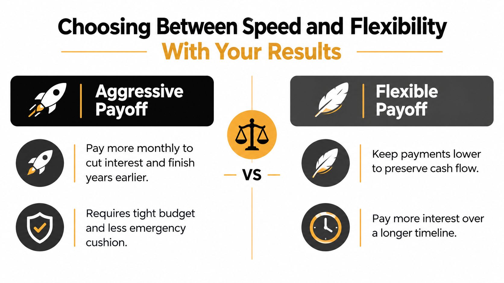 A comparison chart showing the differences between aggressive debt payoff and flexible payoff strategies for financial planning.