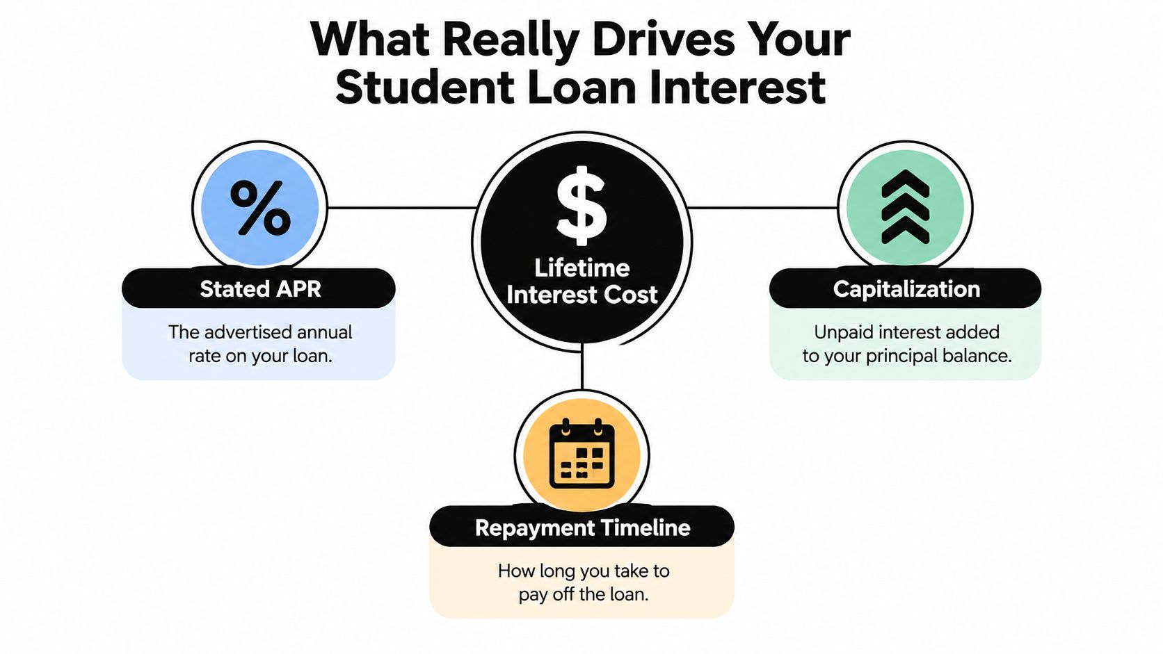 A flow chart explaining that Lifetime Interest Cost is driven by Stated APR, Capitalization, and Repayment Timeline.