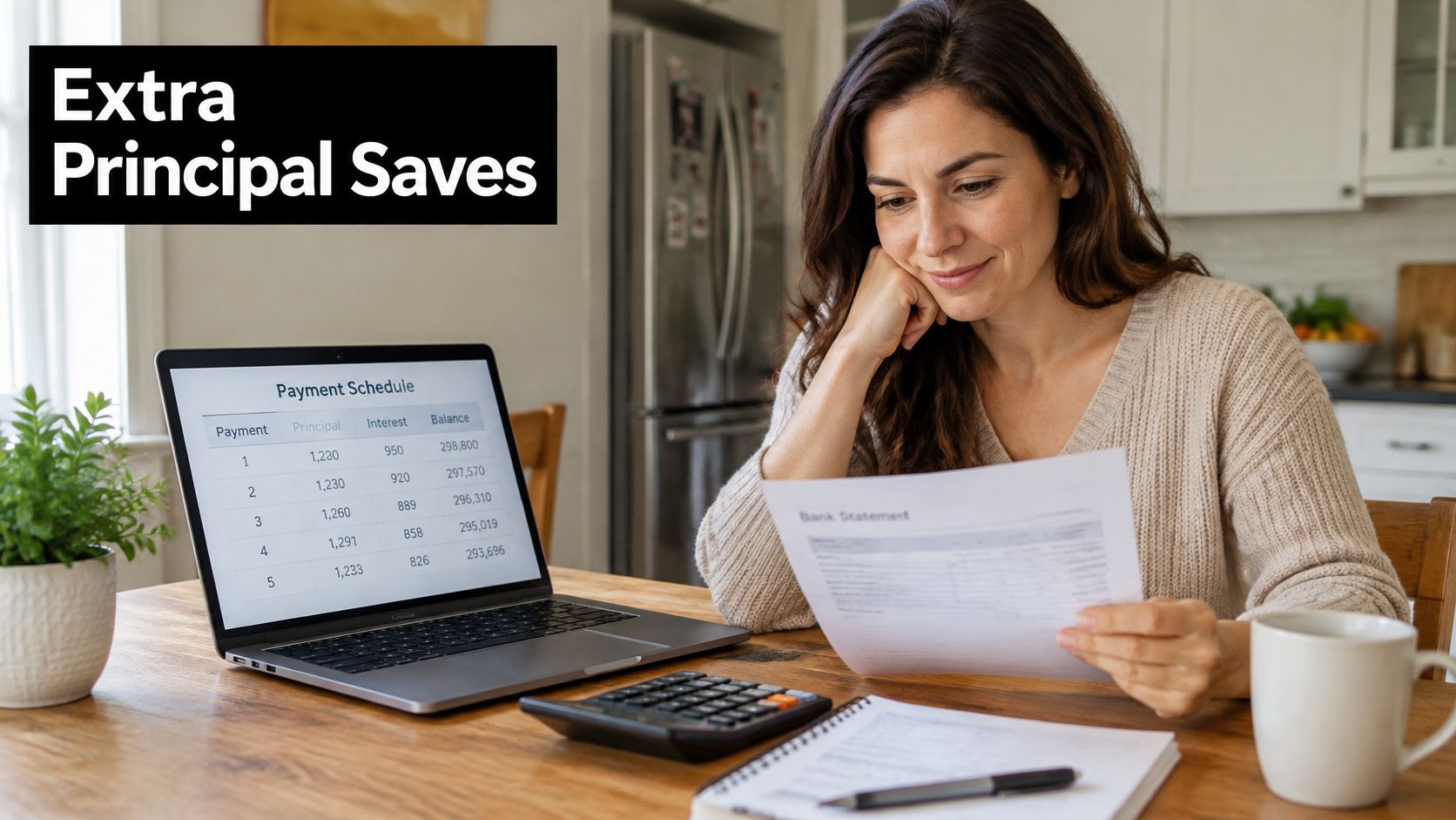 A woman looks at a bank statement while reviewing a mortgage payment schedule on her laptop computer.