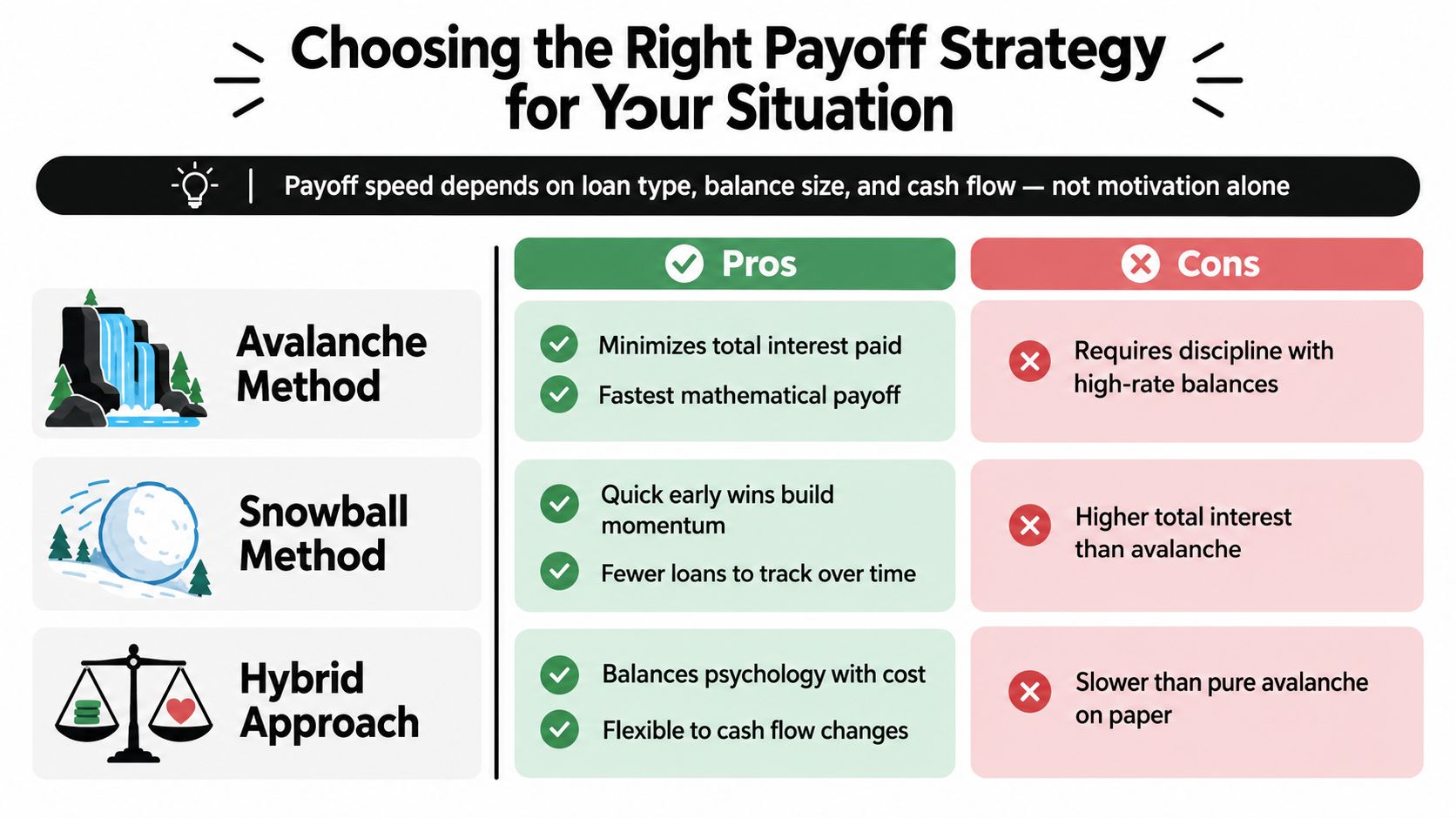 A comparison chart showing the pros and cons of Avalanche, Snowball, and Hybrid student loan payoff methods.